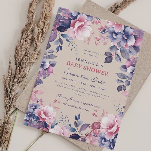Boho Purple Floral Baby Shower Save Date Champagne Invitation