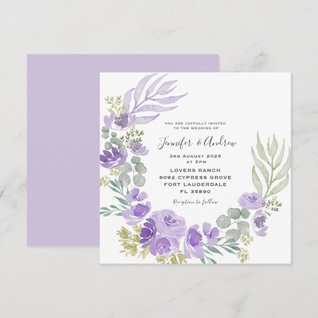 Boho Purple Floral & Botanical Watercolor Invitation (Front/Back)