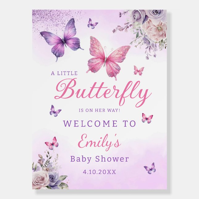 Boho Purple Floral Butterfly Baby Shower Welcome  Foam Board (Front)