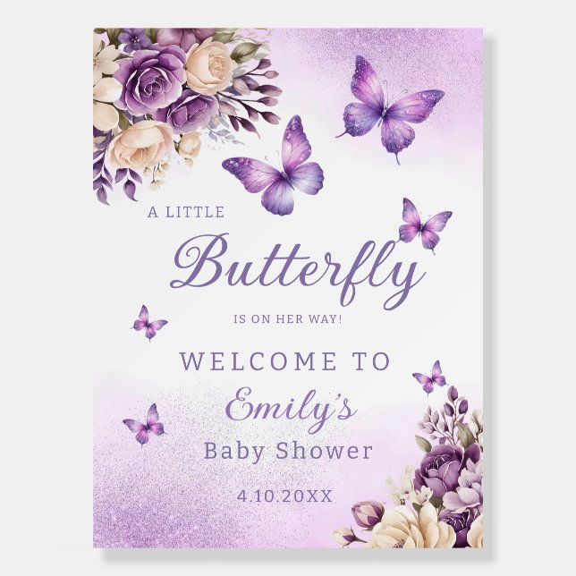 Boho Purple Floral Butterfly Baby Shower welcome  Foam Board (Front)