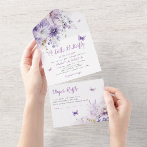 Boho Purple Floral Butterfly Girl Baby Shower All In One Invitation