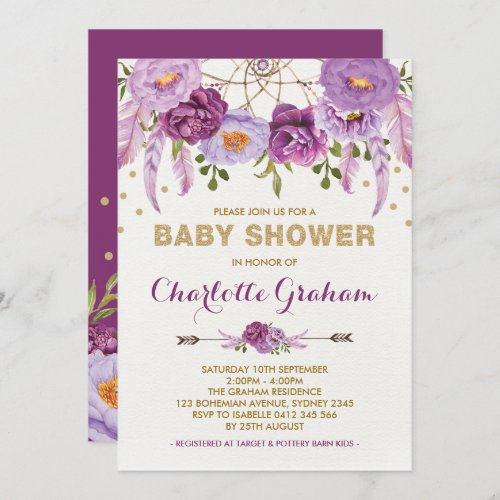 Boho Purple Floral Dreamcatcher Baby Shower Invitation