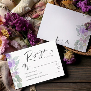 Boho Purple Floral Eucalyptus Wedding RSVP