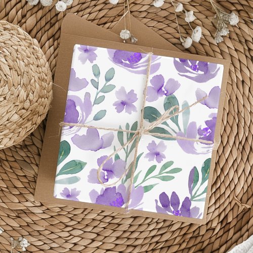 Boho Purple Floral  Foliage Watercolor Pattern Wrapping Paper Sheets