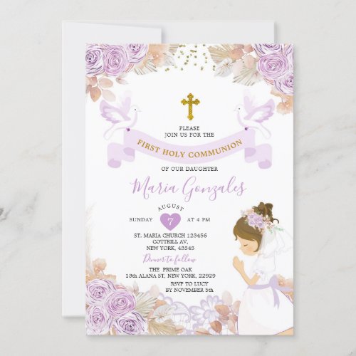 Boho Purple Floral Girl First Holy Communion Invitation