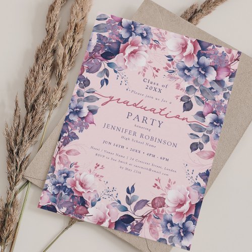 Boho Purple Floral Graduation Party Blush  Invitation