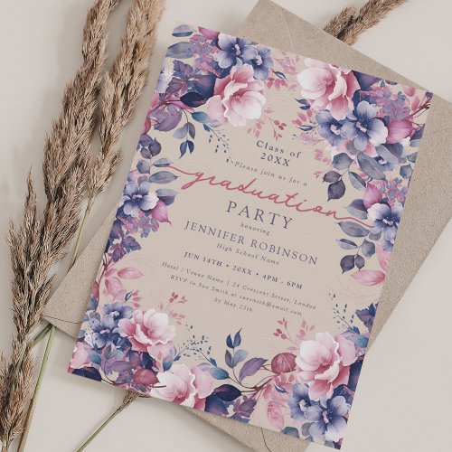 Boho Purple Floral Graduation Party Champagne  Invitation