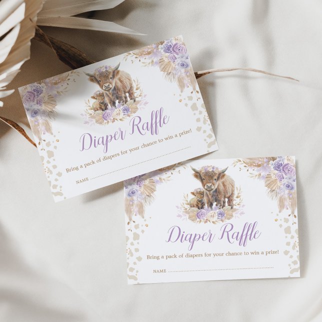 Boho Purple Floral Highland Cow Diaper Raffle Enclosure Card (Creator Uploaded)