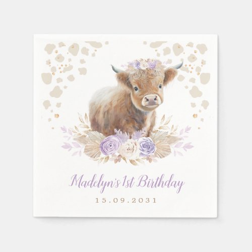 Boho Purple Floral Highland Cow Girl 1st Birthday Napkins