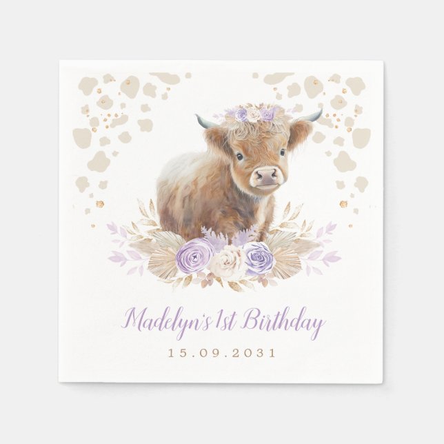 Boho Purple Floral Highland Cow Girl 1st Birthday Napkins (Front)