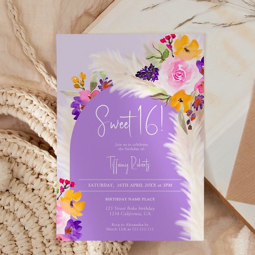Boho purple floral pampas desert arch Sweet 16 Invitation
