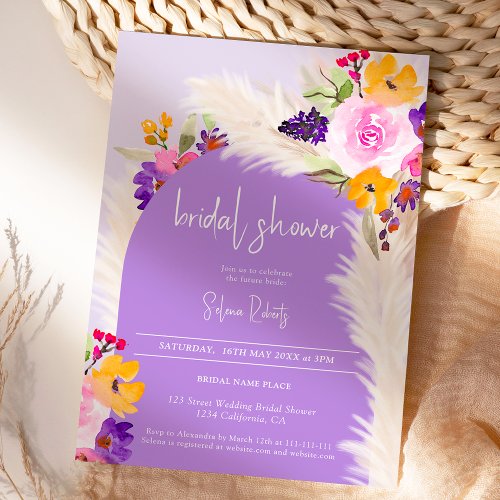 Boho purple floral pampas desert Bridal shower Invitation