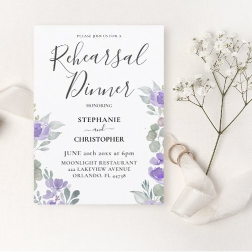 Boho Purple Floral Rehearsal Dinner  Invitation