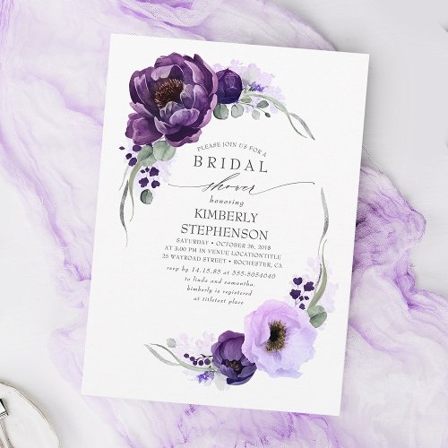 Boho Purple Floral Royal Bridal Shower Invitation