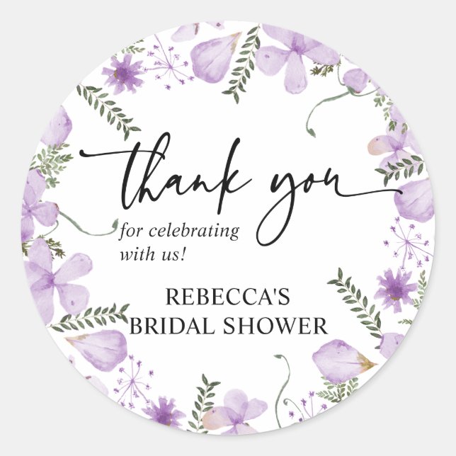Boho Purple Floral Thank You Favor Sticker (Front)