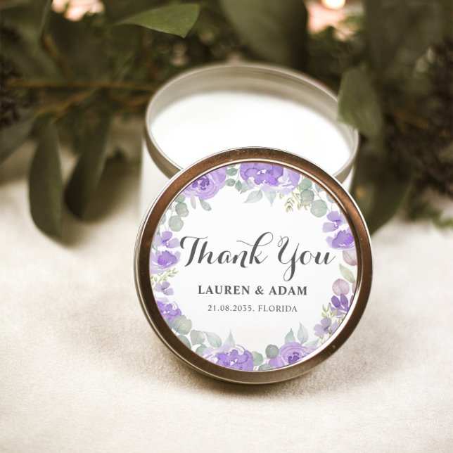 Boho Purple Floral Thank You  Wedding Favor Classic Round Sticker (Creator Uploaded)