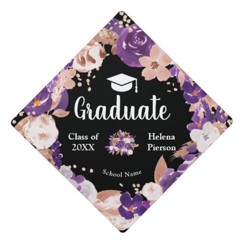 Boho purple floral watercolor gold script graduate graduation cap topper