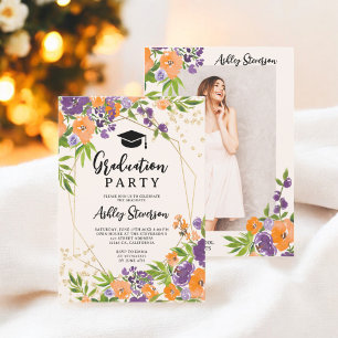 Boho Purple Floral Watercolor Graduation Photo Invitation