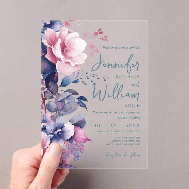 Boho Purple Floral Wedding Script Typography Acrylic Invitations (Insitu (Handheld))