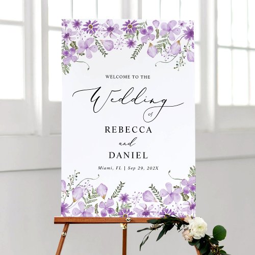 Boho Purple Floral Wedding Welcome Sign 