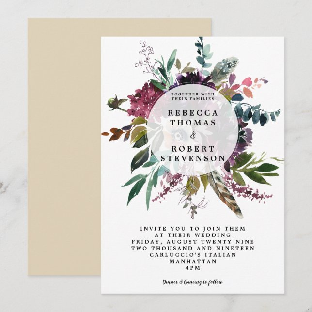 boho purple floral wildfllower wedding invitation (Front/Back)
