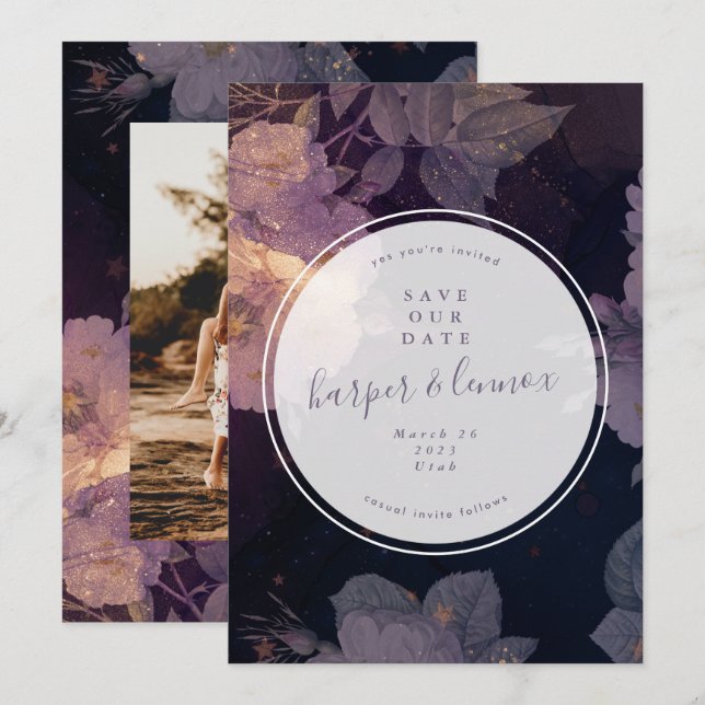 Boho Purple Floral Winter Circle Photo Save The Date (Front/Back)