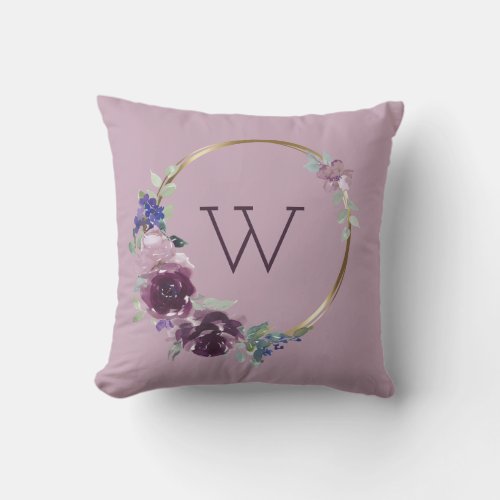 Boho Purple Floral Wreath Monogram Throw Pillow