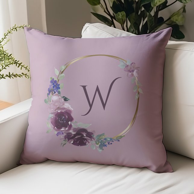 Boho Purple Floral Wreath Monogram Throw Pillow (Creator Uploaded)