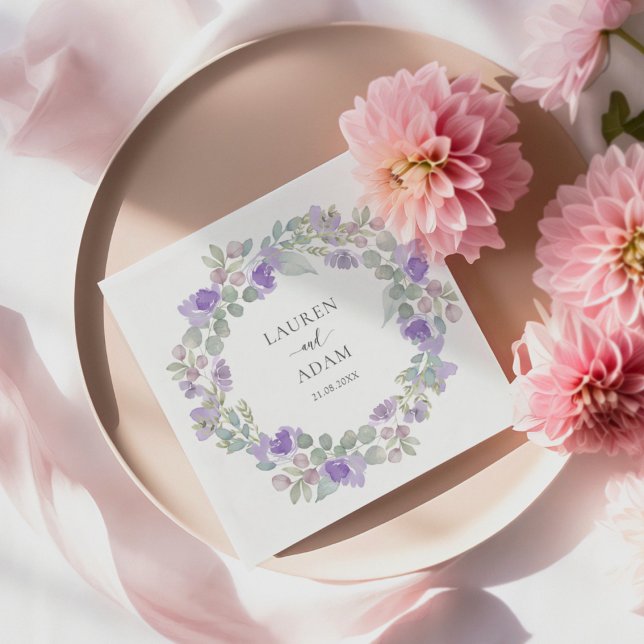 Boho Purple Floral Wreath Wedding Napkins (Creator Uploaded)