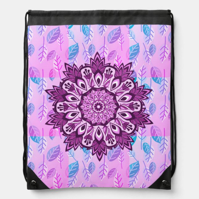 Boho Purple Flower Mandala Leaf Pattern Drawstring Bag (Front)