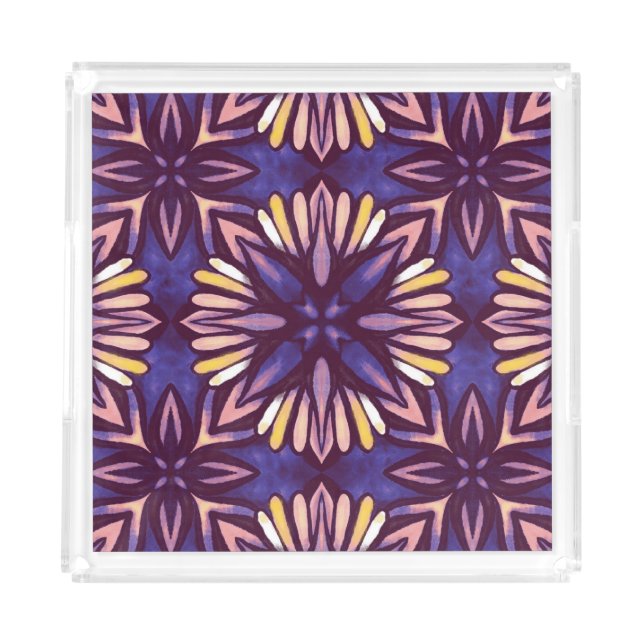 Boho Purple Flower Pattern - Dark Floral Aesthetic Acrylic Tray (Front)