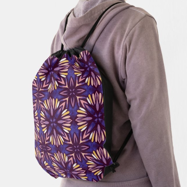 Boho Purple Flower Pattern - Dark Floral Aesthetic Drawstring Bag (Insitu)