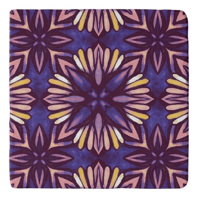 Boho Purple Flower Pattern - Dark Floral Aesthetic Trivet (Front)