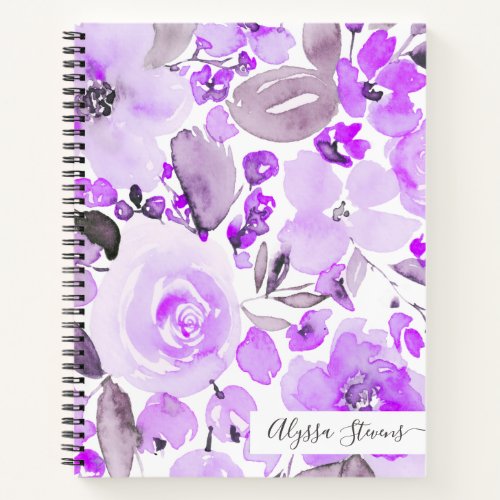 Boho purple flowers floral watercolor pattern notebook