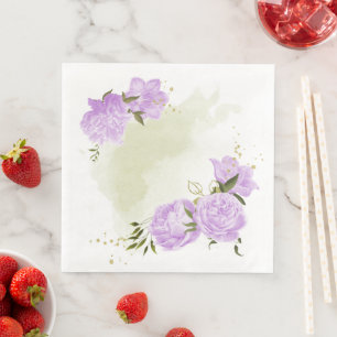 Boho purple flowers green leaves botanical paper dinner napkins