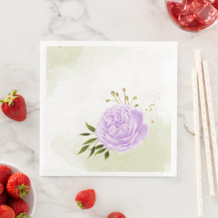Boho purple flowers green leaves botanical paper dinner napkins