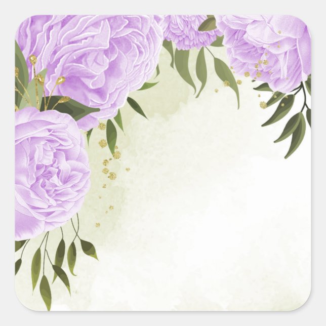 Boho purple flowers green leaves botanical square sticker (Front)