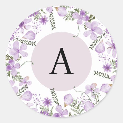 Boho Purple Flowers Monogram Round Envelope Seal