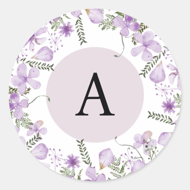 Boho Purple Flowers Monogram Round Envelope Seal (Front)