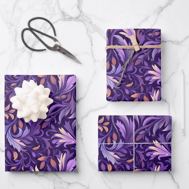 Boho purple foliage wrapping paper sheets (Front)