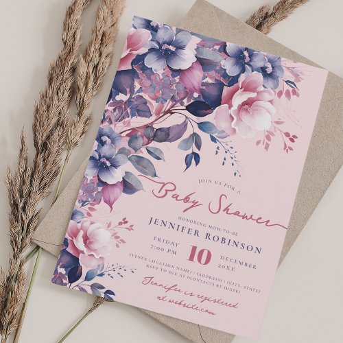 Boho Purple Garden Floral Baby Shower Blush  Invitation