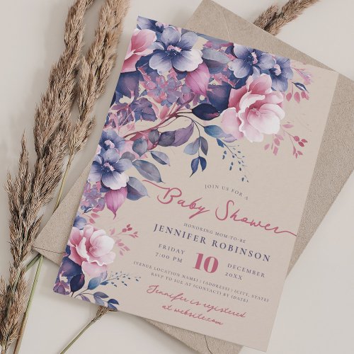 Boho Purple Garden Floral Baby Shower Champagne Invitation