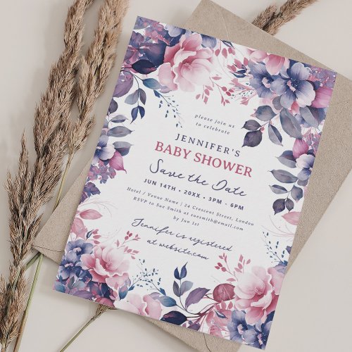Boho Purple Garden Floral Baby Shower Save Date Invitation