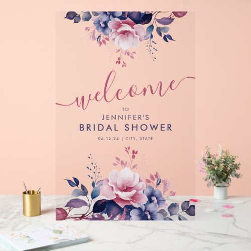 Boho Purple Garden Floral Bridal Shower Welcome  Acrylic Sign