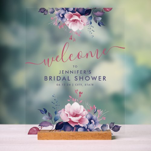 Boho Purple Garden Floral Bridal Shower Welcome Acrylic Sign