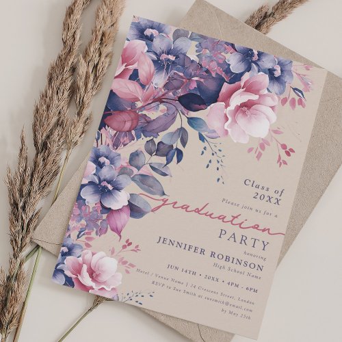 Boho Purple Garden Floral Graduation Champagne Invitation