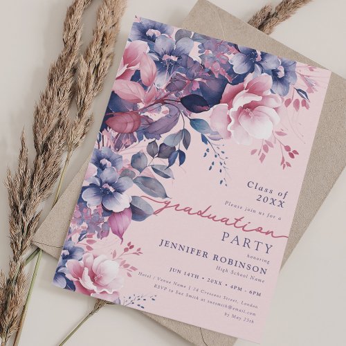 Boho Purple Garden Floral Graduation Party Blush Invitation