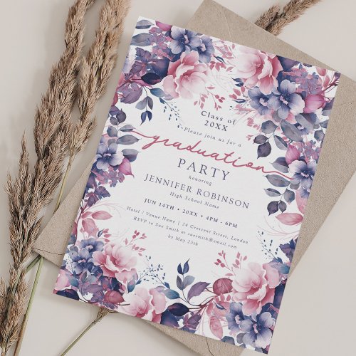 Boho Purple Garden Floral Graduation Party Invitation