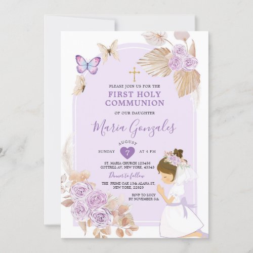 Boho Purple Girl First Holy Communion Butterfly Invitation
