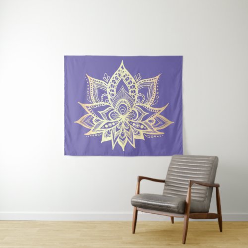Boho Purple Gold Lotus Flower Mandala Art Tapestry